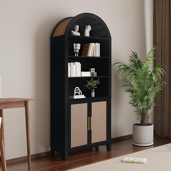 71" Tall Arched Bookcase with Storage, Mid-Century Modern 6-Tier Arch Cabinet with Door, Arched Bookshelf Cabinet with Open Display Storage Shelf for Office Living Room (Black)