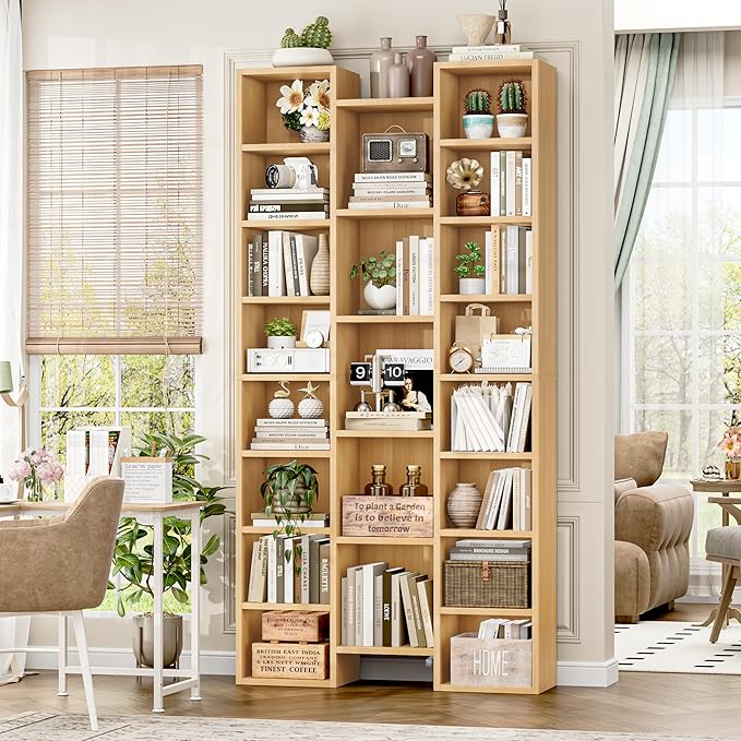 FOTOSOK 71'' Tall Bookshelf with 21 Cubes, 8 Tier Triple Wide Bookshelf with 8 Adjustable Shelves, 35" Wood Bookcase DVD/CD Media Tower Storage, Freestanding Display Shelf Cabinet, Natural
