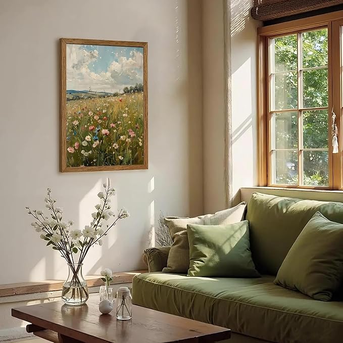 AVECCO Vintage Peaceful Wildflower Canvas Wall Art, Nature Floral Artwork Landscape Wall Decor, Colorfu Botanical Art Prints for Bedroom Living Room Office Home Decoration 16x24 Inches Wood Framed