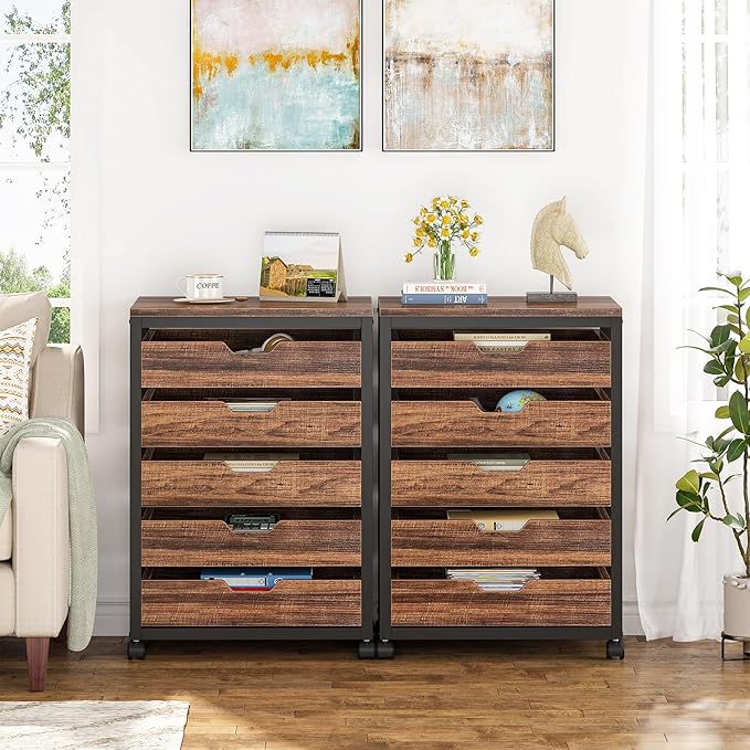 Tribesigns 5-Drawer File Cabinet, Wood Mobile Storage Drawer Unit, Industrial Office Cabinet with Drawers & Wheels, Rolling Printer Stand for Home Office (Rustic Brown)