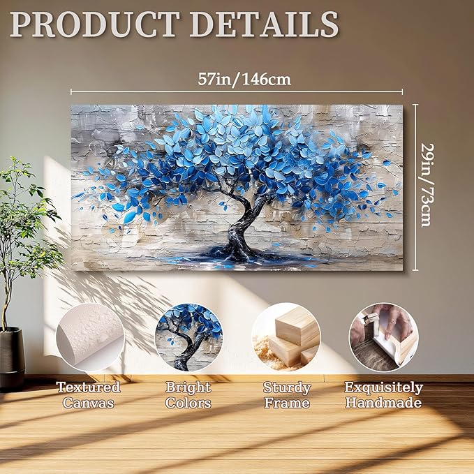 SERIMINO Tree of Life Large Wall Art Prints, Blue Tree Abstract Canvas Art Wall Decor, Nature Plant Artwork for Walls, Modern Aesthetic House Decorations Living Room Bedroom Home Office 29"X57"