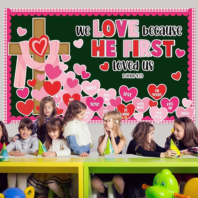 Valentine's Day Christian Jesus Bulletin Board Set Valentines Religious Bible Verse Bulletin Board Heart Cross Patterned Paper Cutouts for Church Sunday School Classroom Home Chalkboard Wall Decor