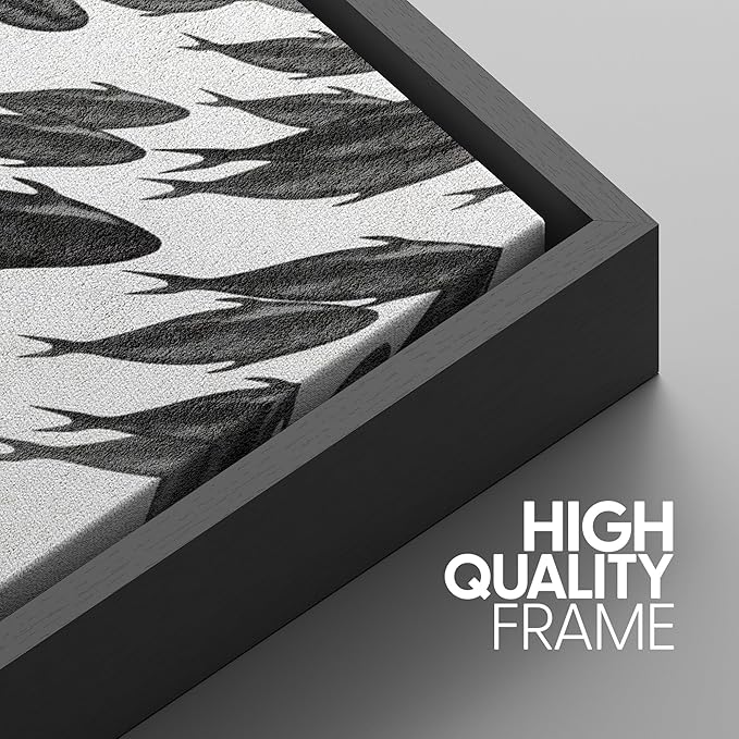 SIGNWIN Framed Canvas Print Wall Art Swirling School of Fish Abstract Shapes Illustrations Modern Art Minimalist Relax/Calm Black and White for Living Room, Bedroom, Office - 16"x24"x3 Black