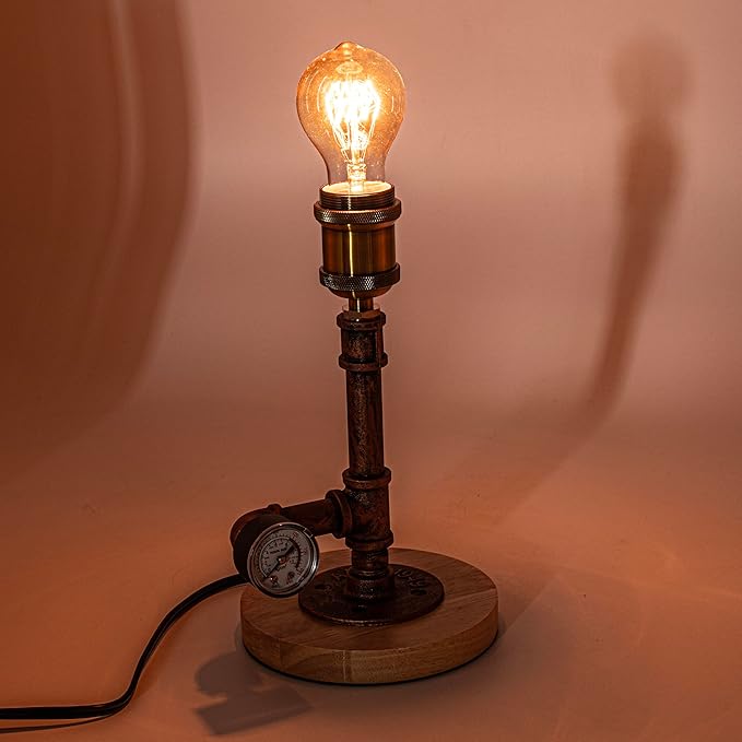 mini Steampunk Compact Copper Pipe Table Lamp with Decorative Pressure Gauge (Wood Base) QTF-BT03