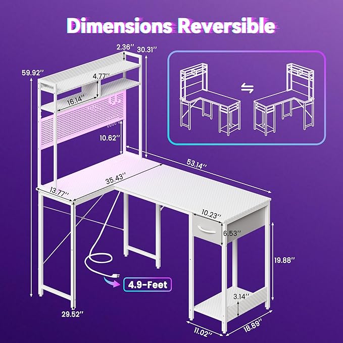 Apicizon L Shaped Gaming Desk 53", Reversible Corner Computer Desk with LED Lights, Carbon Fiber Surface, Pegboard with Hooks, Drawer & PC Tower Stand, USB Charging Port