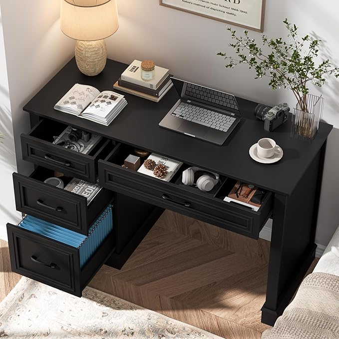Farmhouse 47" Executive Desk with 3 Drawers and Adjustable File Drawer, Workspace for Home Office and Study, Pure Black.