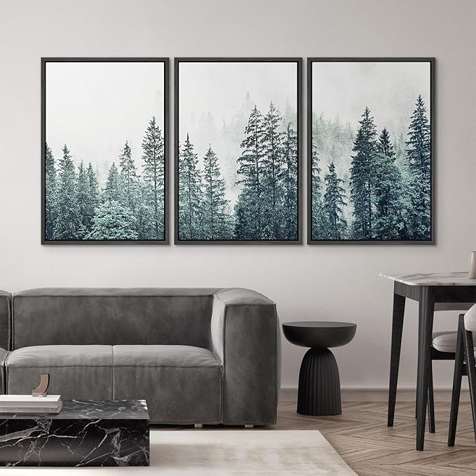SIGNWIN Framed Canvas Print Wall Art Woodland Nursery Decor Set Film Grain Misty Mountain Pine Trees Nature Wilderness Modern Art Chic Landscape for Living Room, Bedroom, Office - 16"x24"x3 Black