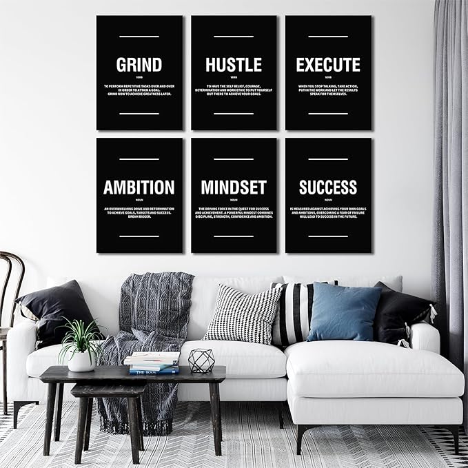 COSCTOR Set of 6 Grind Hustle Execute Ambition Mindset Success Motivational Wall Art Picture Decor Canvas Framed for Office Bedroom Inspirational Home Posters Paintings Ready to Hang(Framed,12x16)