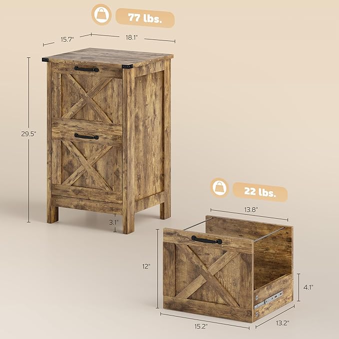 HOMCOM 2 Drawer Vertical File Cabinet with Silent Slides, Rustic Farmhouse Filing Cabinet with Barn Doors for A4/Letter Size, Printer Stand with Storage for Home Office, Rustic Brown