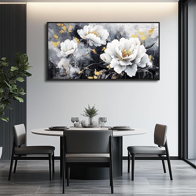 PHAOHUAXM Large Framed Print Canvas Wall Art For Living Room Wall Decor For Bedroom Abstract Wall Painting Ink-Wash White Flowers With Black Frames Dining Room Decor Modern Room Home Decor 20"X40"