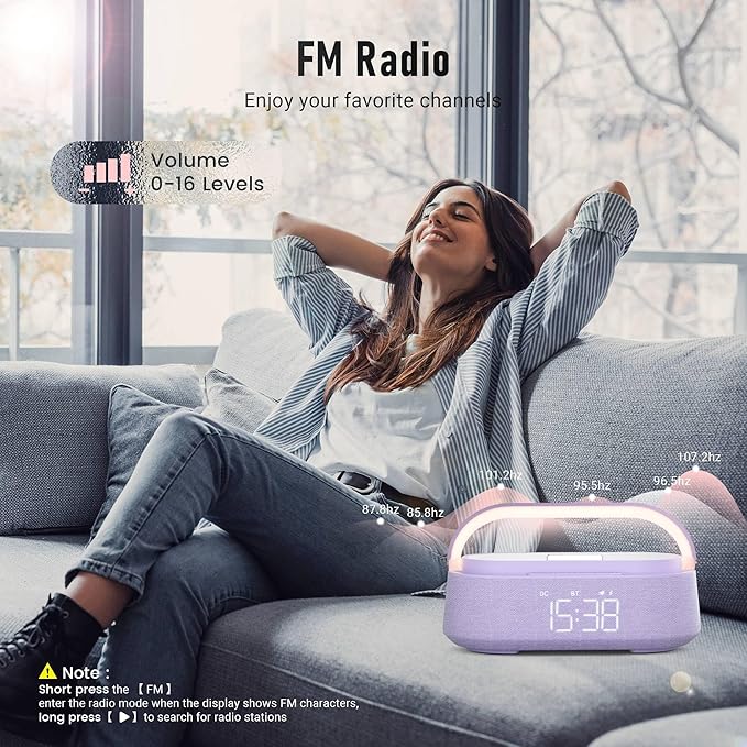 FREEFISH Bluetooth Speaker with Wireless Charger, FM Radio, Dimmer Night Light, Phone Holder, Wireless Charging Speakers for iPhone Samsung, Bedrooms Home Office Gifts