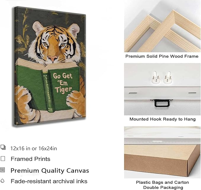 Vintage Motivational Tiger Reading Wall Art Go Get Em Tiger Canvas Wall Decor Funny Cute Prints Painting Humorous Bookworm Poster Picture For Home Bedroom Dorm Framed