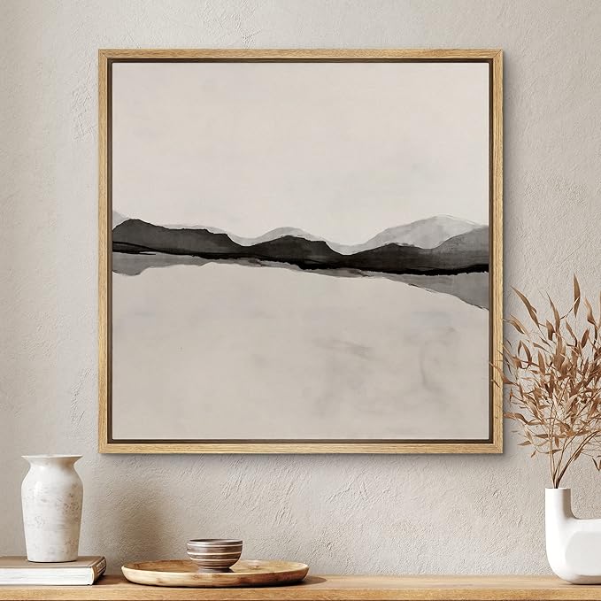 SIGNWIN Framed Canvas Print Wall Art Black Tan Pastel Grunge Wave Collage Abstract Shapes Illustration Modern Art Decorative Nordic Minimal Calm/Zen for Living Room, Bedroom, Office - 16"x16" Natural