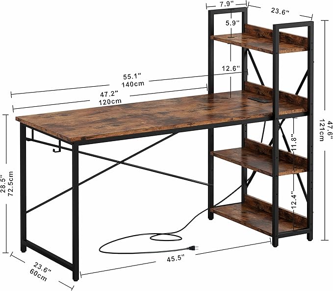 IRONCK Computer Desk 55" with Power Outlet and Storage Shelves, Study Writing Table with USB Ports Charging Station, PC Desk Workstation for Home Office, Rustic Brown