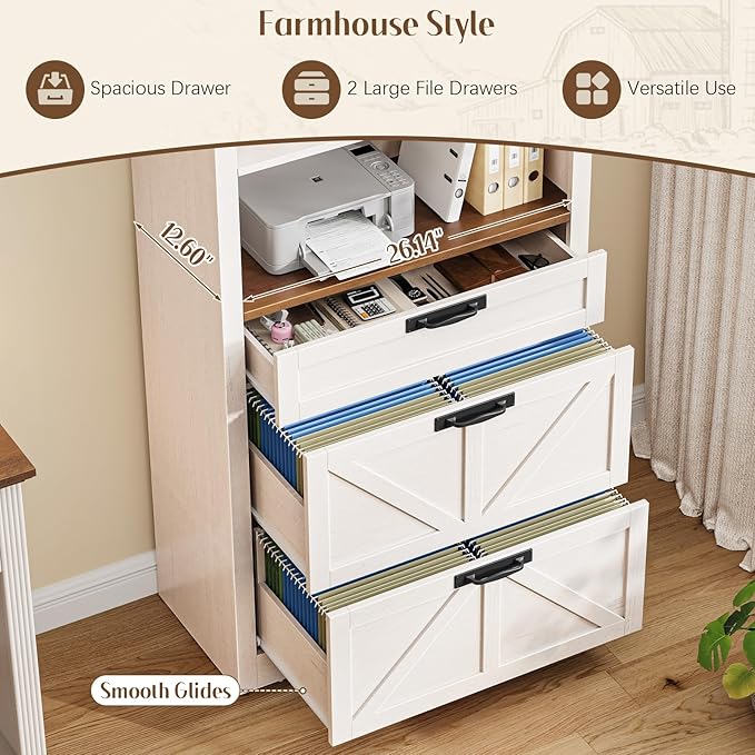 Arched Farmhouse File Cabinet with 2 Drawers for Legal, Letter, and A4 Size Hanging Files, Large Wooden File Cabinet for Home Office with Printer Stand and Bookshelf, Rustic White