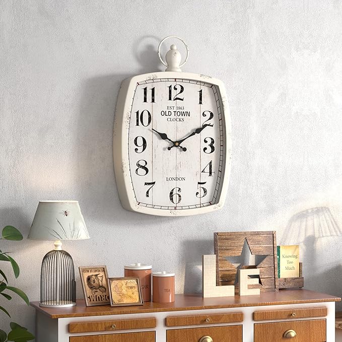 Menterry Large Retro Rectangle Wall Clock, White Antique Vintage Style, Battery Operated Silent Decor Wall Clocks for Living Room,Farmhouse,Kitchen,Office (15.5" H x 10.2" W)