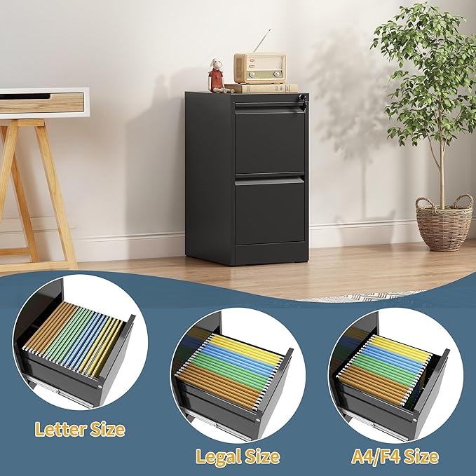 2 Drawer File Cabinet with Lock, Narrow Vertical Filing Cabinets for Home Office, Under Desk Storage Cabinet, Heavy Duty File Cabinet, Amssebly Required, Black