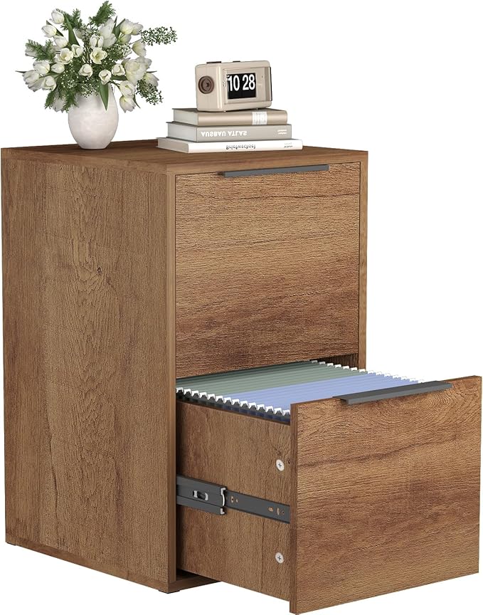Wooden 2 Drawer File Cabinet, Wood Vertical Filing Cabinet Fits Hanging Files Letter Size for Home Office, Walnut