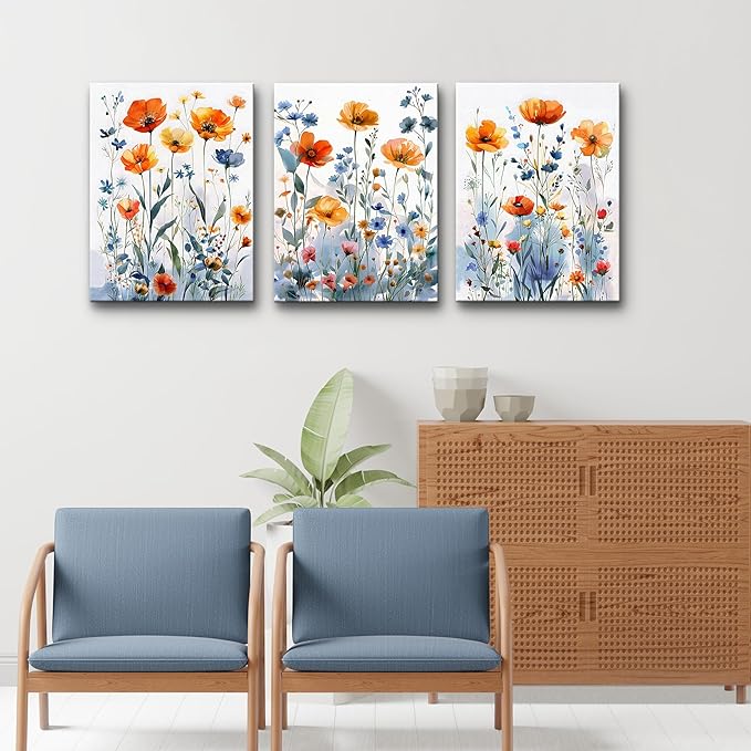 TTHYUEWS Large Canvas Wall Decor for Living Room Boho Wall Art for Bedroom Kitchen Family Room Wall Pictures Artwork Flowers Watercolour Paintings Modern Home Decor 3 Pieces