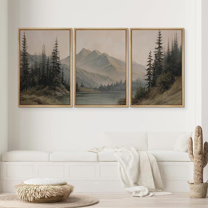 SIGNWIN Framed Canvas Print Wall Art Set Tranquil Pine Forest Mountain Lake Landscape Illustrations Modern Art Decorative Nordic Abstract for Living Room, Bedroom, Office - 24"x36"x3 Natural