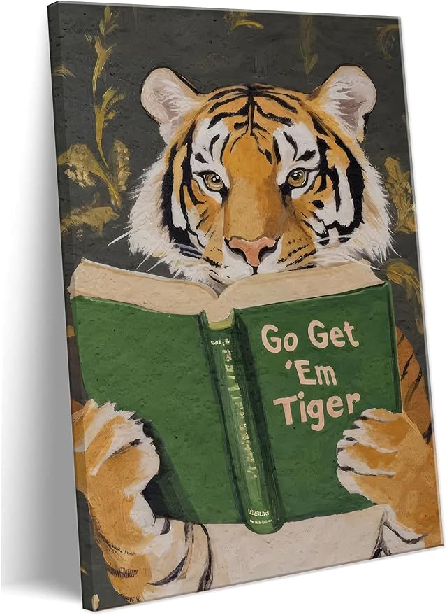 Vintage Motivational Tiger Reading Wall Art Go Get Em Tiger Canvas Wall Decor Funny Cute Prints Painting Humorous Bookworm Poster Picture For Home Bedroom Dorm Framed