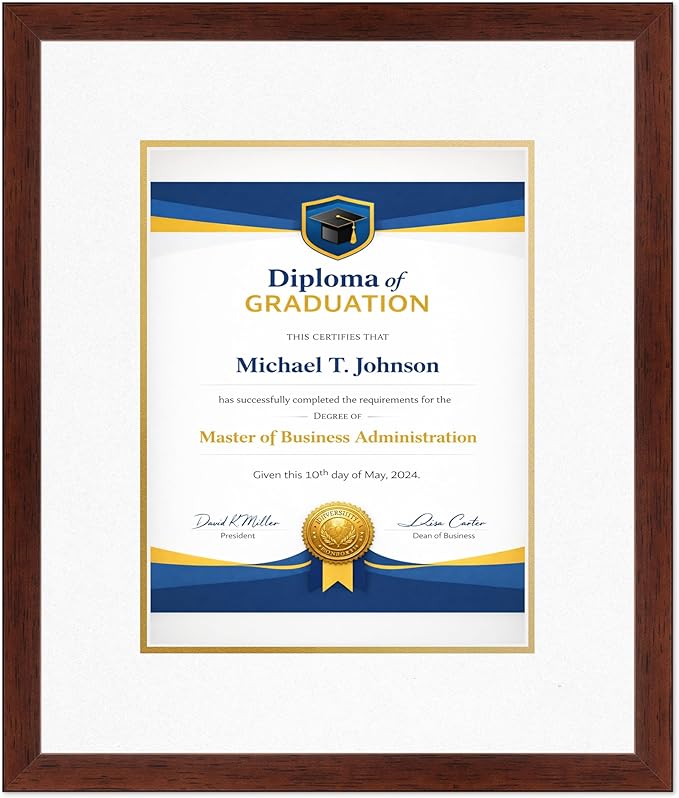 Diploma Frame Rustic Walnut with Oyster Shell Over Gold Double Mat - Fits 10 x 13 College Diploma (Portrait Traditional) Wall Display Made in the USA