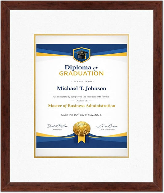 Diploma Frame Rustic Walnut with Oyster Shell Over Gold Double Mat - Fits 10 x 13 College Diploma (Portrait Traditional) Wall Display Made in the USA