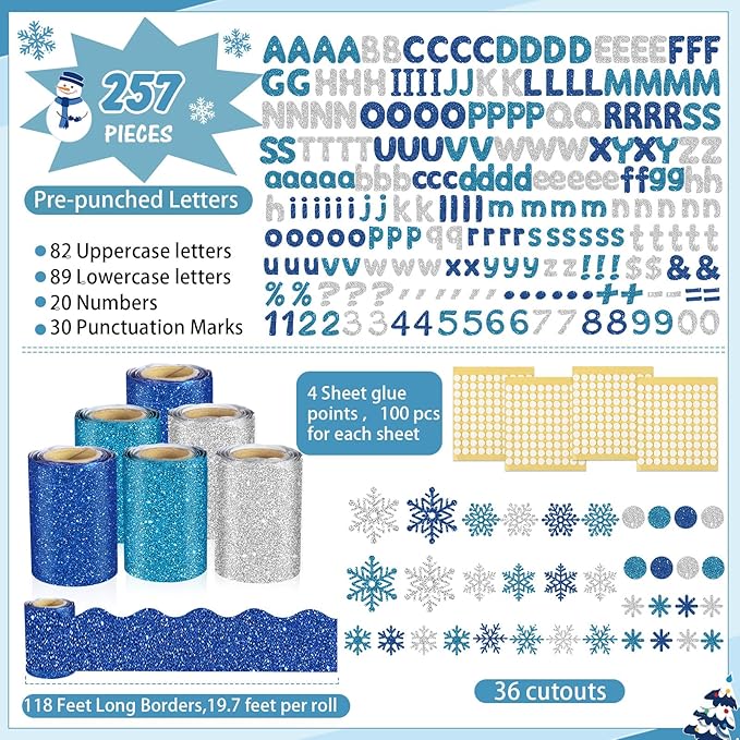Kosiz Winter Bulletin Board Decoration Set 118 ft Scalloped Bulletin Board Borders Classroom Poster Border Trim with 257 Pcs Letter Number Symbol Cutout for School Decor