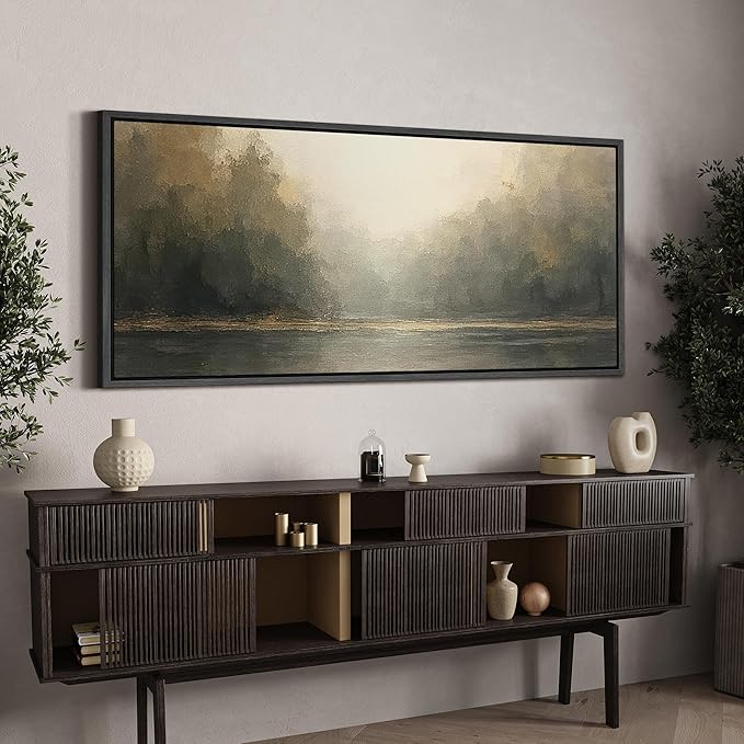 SIGNFORD Extra Large Framed Canvas Foggy Forest River Morning Illustrations Modern Art Calm Warm for Living Room, Bedroom, Office - 60"x30"