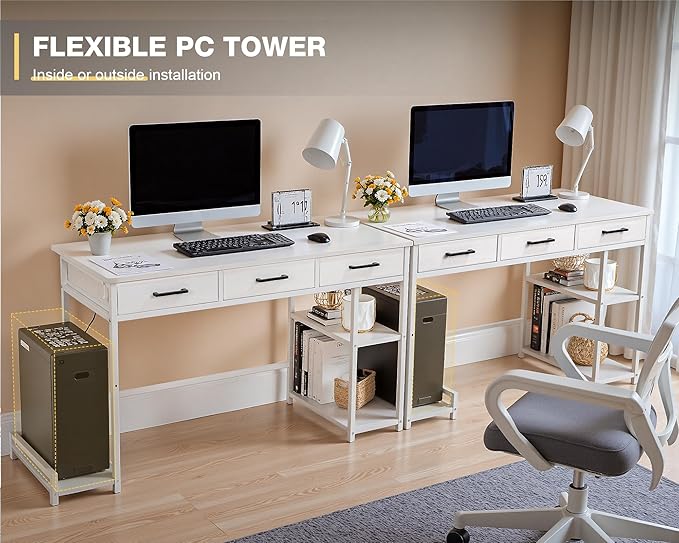 Shahoo Computer Desk with Drawers & Storage Shelves, 48" Modern Writing Table for Home Office, All White