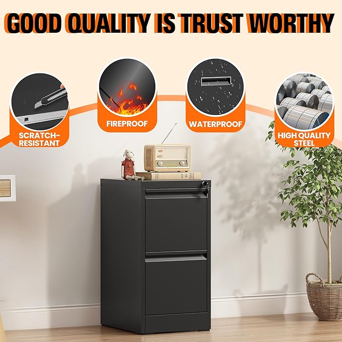 2 Drawer File Cabinet with Lock, Metal Filing Cabinet for Home Office, Vertical File Cabinet for Letter/Legal/A4/F4 Documents, Easy to Assemble Steel Storage Cabinet