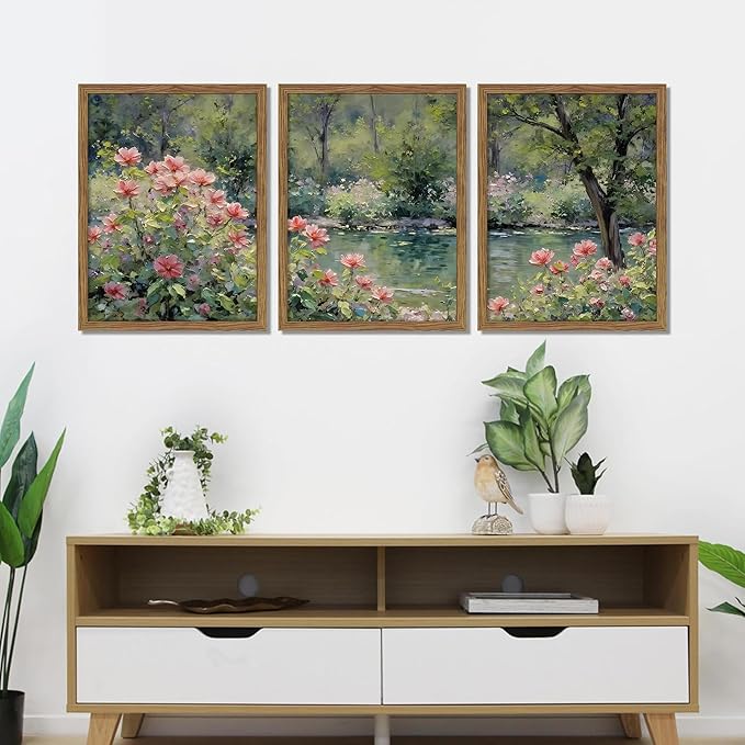 Framed Monet Wall Art Set of 3, Impressionist Botanical Floral Canvas Wall Decor, Vintage Cottagecore Artwork Paintings, Nature Landscape Flowers Prints Pictures for Living Room Bedroom 16x24 Inch