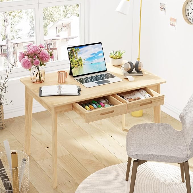 Home Office Computer Desk Coner Desk with 2 Drawers, Study Writing Table for Home Office, Study, Wood Color (39.3 ”W x 23.6”D x 29.1”H)
