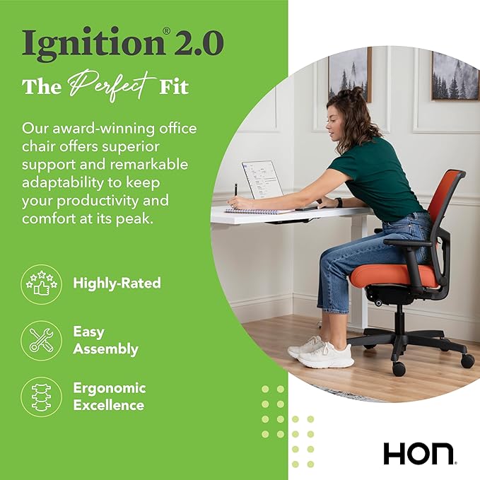 HON Ignition 2.0 Low Back Task Chair, Spectrum Mesh, Advanced Synchro-Tilt Control, Office Chair with Lumbar Support, Height and Width Adjustable Arms, Black Frame, Salamander