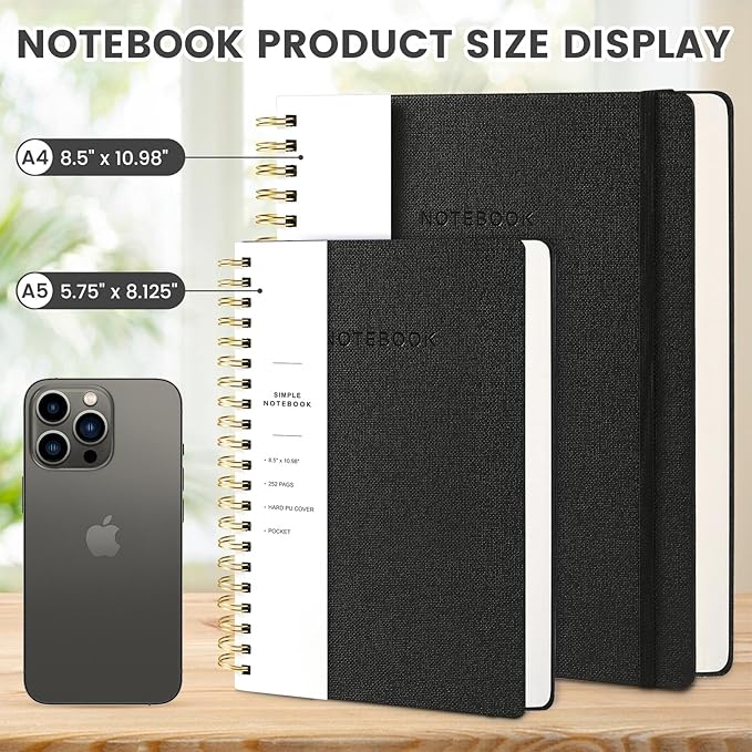 Spiral Notebook - 8.5 x 10.98 Inch Large Hard Cover Notebook with Elastic Band & Pocket, 252 Pages, Lay Flat Wirebound Journal for Work, School, Planning & Note Taking Black