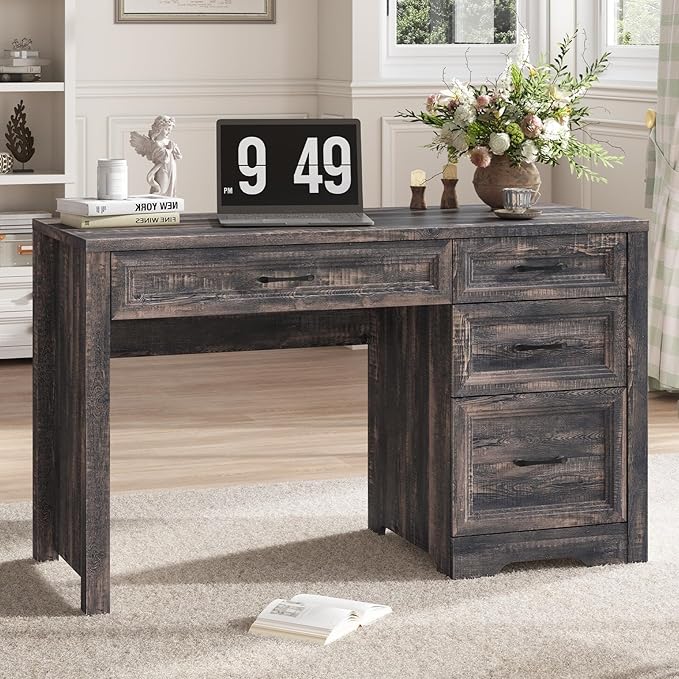 Vabches Farmhouse Executive Desk with Drawers, Home Office Desk with File Drawer, Wood Computer Desk with Ample Storage, Rustic Office Desk with Spacious Tabletop for Work, Dark Oak