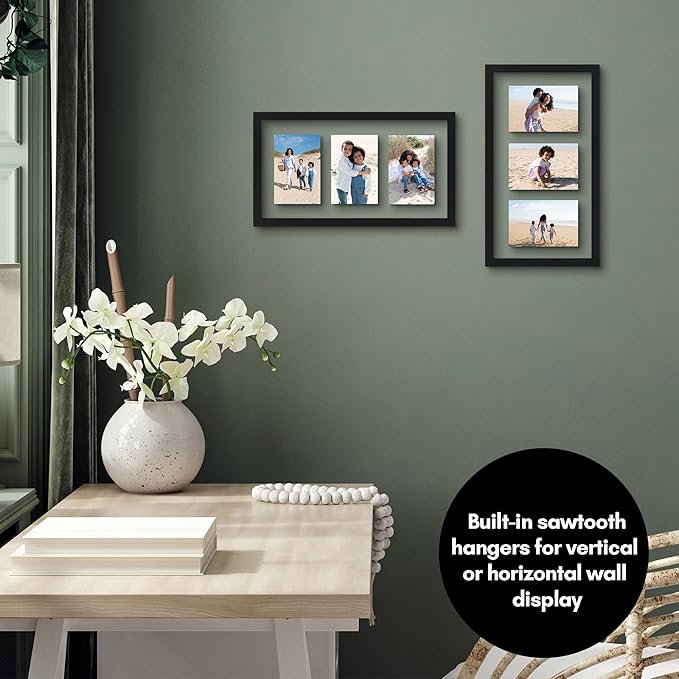 Americanflat 4x6 Collage Picture Frame with Shatter-Resistant Glass - Fits Three 4x6 Photos or use as One 9x17 Frame - Signature Collection - Collage Frames with Floating Effect - Black