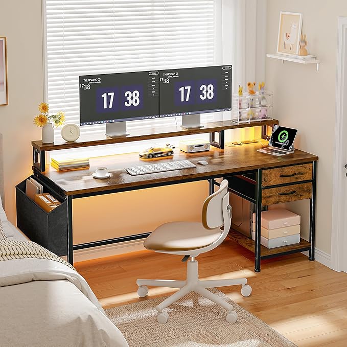 55" Gaming Desk with LED Strip, Computer Desk with Drawers & Storage Bag, Office Desk with Power Outlets & Monitor Stand, Home Office Desks for Bedroom, Gaming Room, Rustic Brown