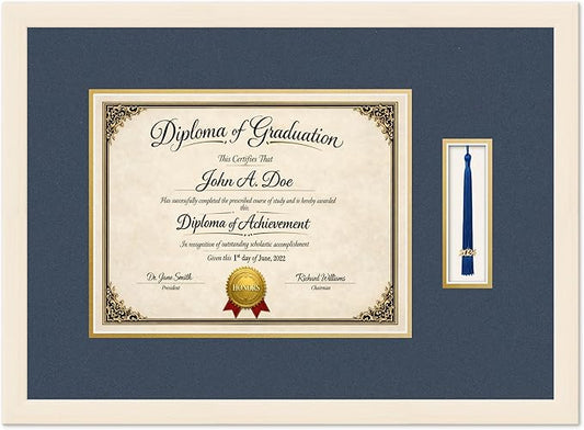 Diploma Frame with Tassel Holder Coastal Whitewash Shadowbox Navy Blue Over Gold Mat - Fits 13 x 10 Degree Made in the USA