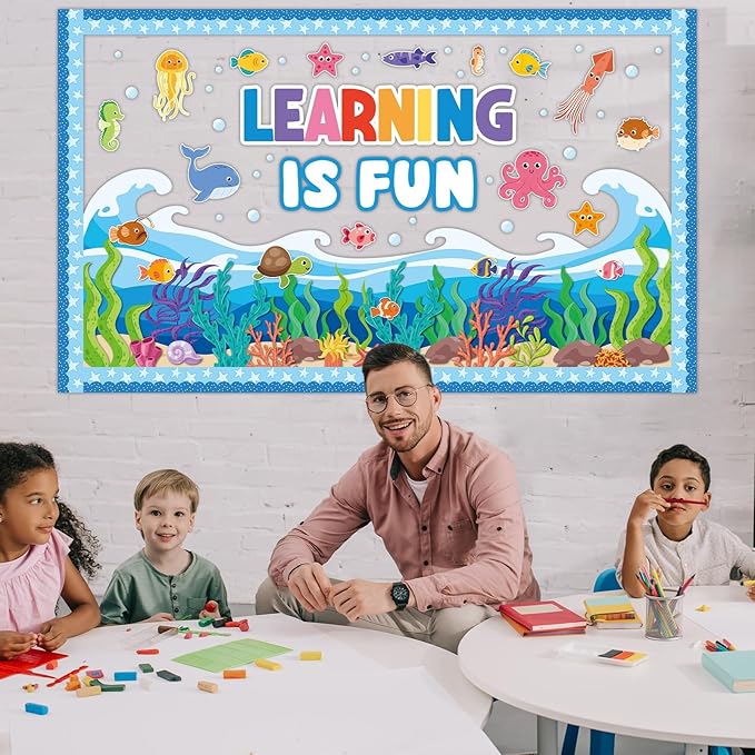 Summer Ocean Sea Bulletin Board Decorations Learning is Fun Positive for Summer Theme Classroom Back to School Bulletin Board Border Set Ocean Under The Sea Fish Paper Cutouts for School Home Decor
