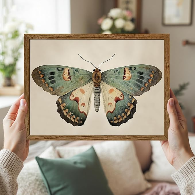AVECCO Framed Butterfly Print on Canvas Vintage Wall Art, Rustic Farmhouse Wall Decor, Funny Unique Animal Art Prints for Bathroom Bedroom Living Room Office Home Decoration Ready to Hang 8x10 Inch