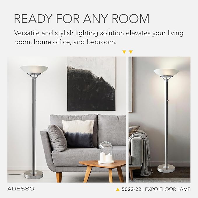 Adesso Floor Lamp with Brushed Steel and Chrome Finish - Perfect Lighting for Bedroom, Living Room and Corner Décor