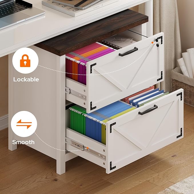 2 Drawer File Cabinet with Lock, Wood Filing Cabinets for Home Office, Office Storage Cabinet for Hanging Files Letter/Legal/F4/A4 Size, White