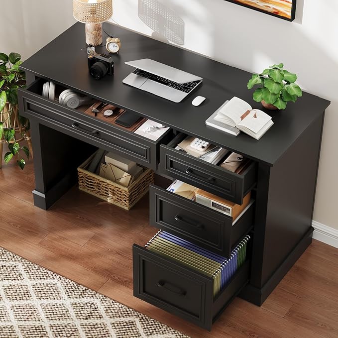 Vabches Farmhouse 47" Executive Desk with File Drawer, Computer Desk with 4 Drawers, Workstation for Study, Home Office, Writing, (Pure Black).