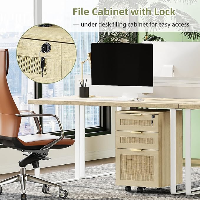 HOPUBUY 3 Drawer File Cabinet with Lock, Rattan File Cabinets with Wheels, Small Filing Cabinet for Hanging A4/Letter/Legal/F4, Rolling Wood Filing Cabinets for Under Desk Home Office, Natural Wood
