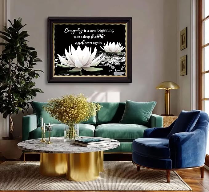 Dark Brown Frame Zen White Lotus Canvas Wall Art On In Water Blooming White Lotus Picture Wall Decor Spiritual Meditation Poster Print Painting for Modern Yoga Spiritual Spa Home Decoration