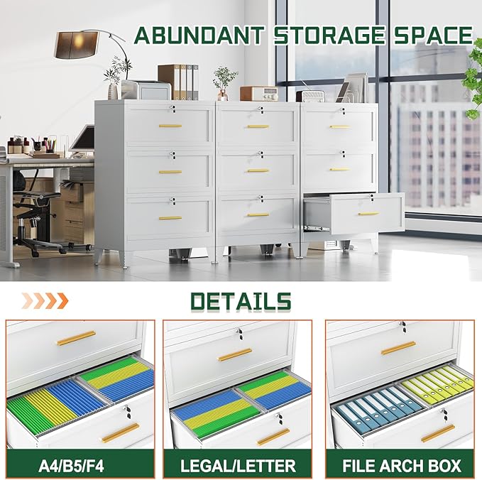 3 Drawer File Cabinet with Lock, Metal Lateral File Cabinets for Home Office, Steel Wide Filing Organization Storage Cabinets, Home Office Furniture for Hanging Files Letter/Legal/F4/A4 Size