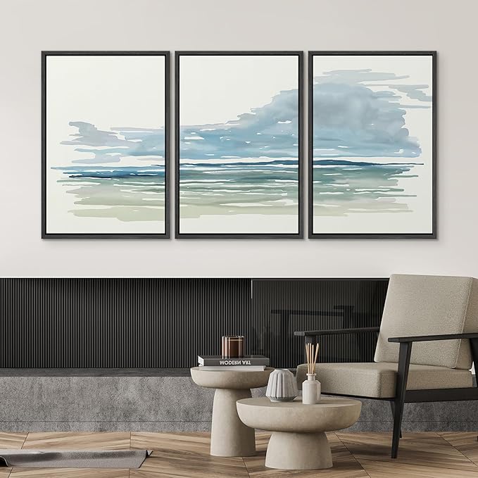 SIGNWIN Framed Canvas Print Wall Art Set Coastal Horizon Watercolor Blue and Green Abstract Ocean Scene Illustrations Modern Art Decorative Abstract for Living Room, Bedroom, Office - 16"x24"x3 Black