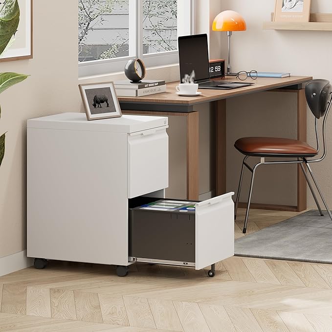 2 Drawer File Cabinet with Lock,Small Filing Cabinet for Home Office,Rolling Metal File Cabinets with Wheels for Letters/Legal/A4 Size, Assembly Required,White