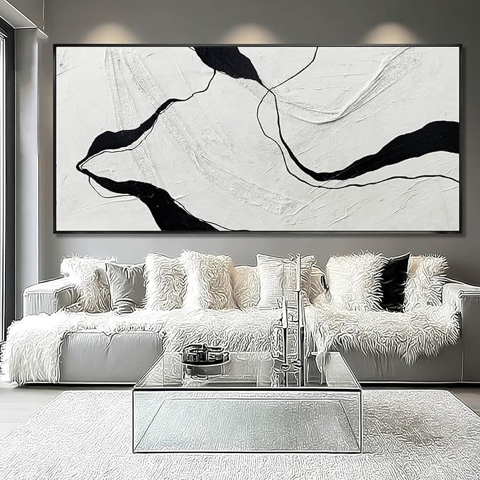 Extra Large Black Line Abstract Hand Painted Canvas Wall Art Gray and Black Minimalist Modern Painting with Framed for Living Room Bedroom Office Wall Decor 40x88 Inch